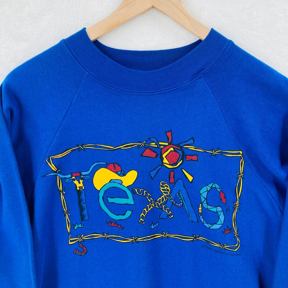Vintage Texas Art Sweatshirt Womens Small Blue USA Made Crewneck Textile Prints